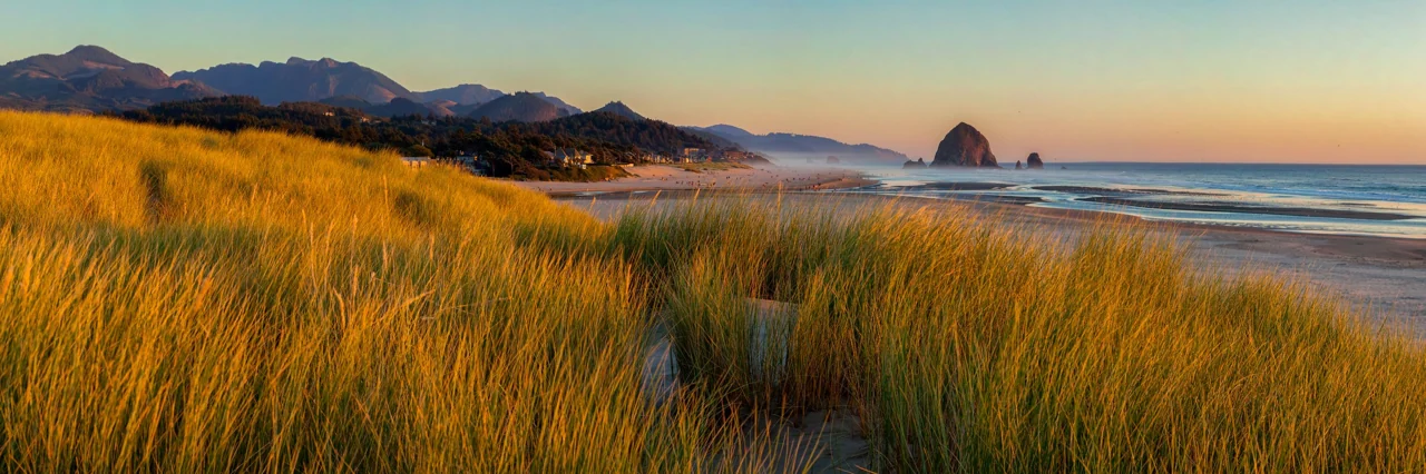 Dunes and Haystack Rock along the Oregon Coast at Cannon Beach